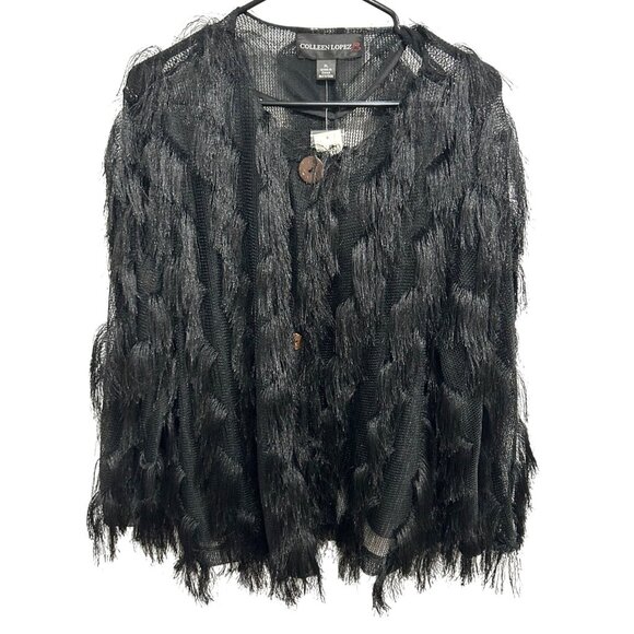 Colleen Lopez Jackets & Blazers - Colleen Lopez Fringe Shaggy Knit Cardigan Jacket Black Sz XL Button Front Layers